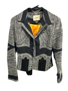 Gist Black Gray Paisley Print Button Up Cropped Jacket Satin Liner Retro Boho